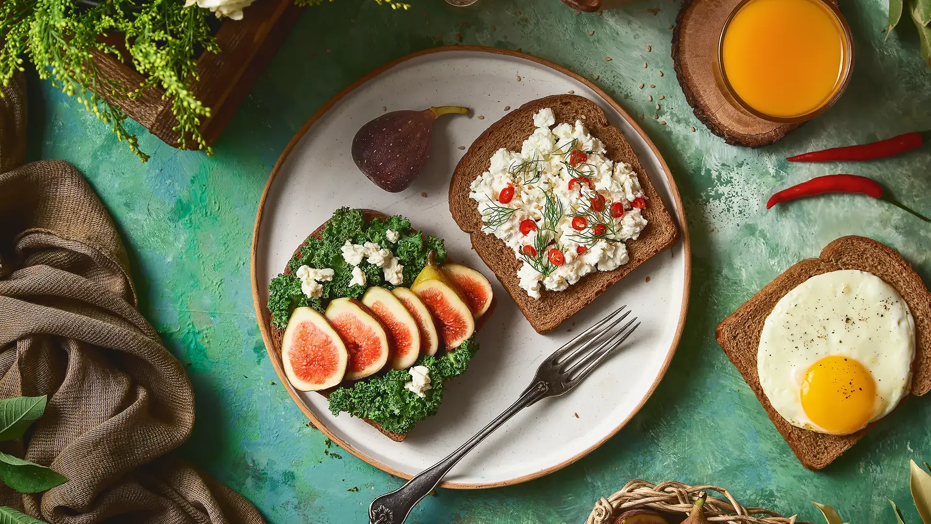 Home slider image- figs and pomegranate cheese breakfast toasts - top view