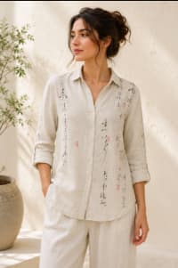 Calligraphed Linen Shirt Women — Front