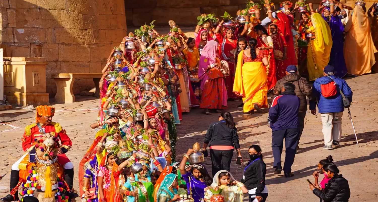 Traditional Rajasthani Women Procession at Jaisalmer Festival Grand Shobha Yatra Jaisalmer Cultural Procession