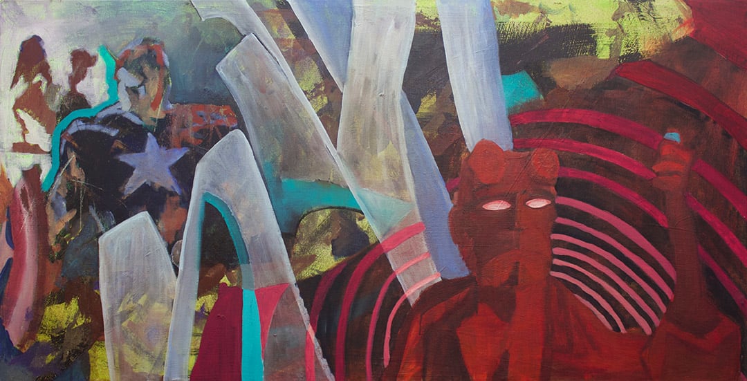 Clash of Marvelinity, a 2019 oil painting on canvas by Jacob Giberson.