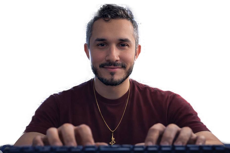 Foreground subject typing at keyboard