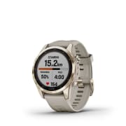 Garmin fenix 7S – Sapphire Solar Edition, kremet DLC-gulltitan med rem i lys sandferge