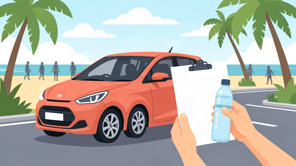 Ilustrasi mobil di area parkir pantai dengan tangan memegang daftar periksa kosong dan botol minum