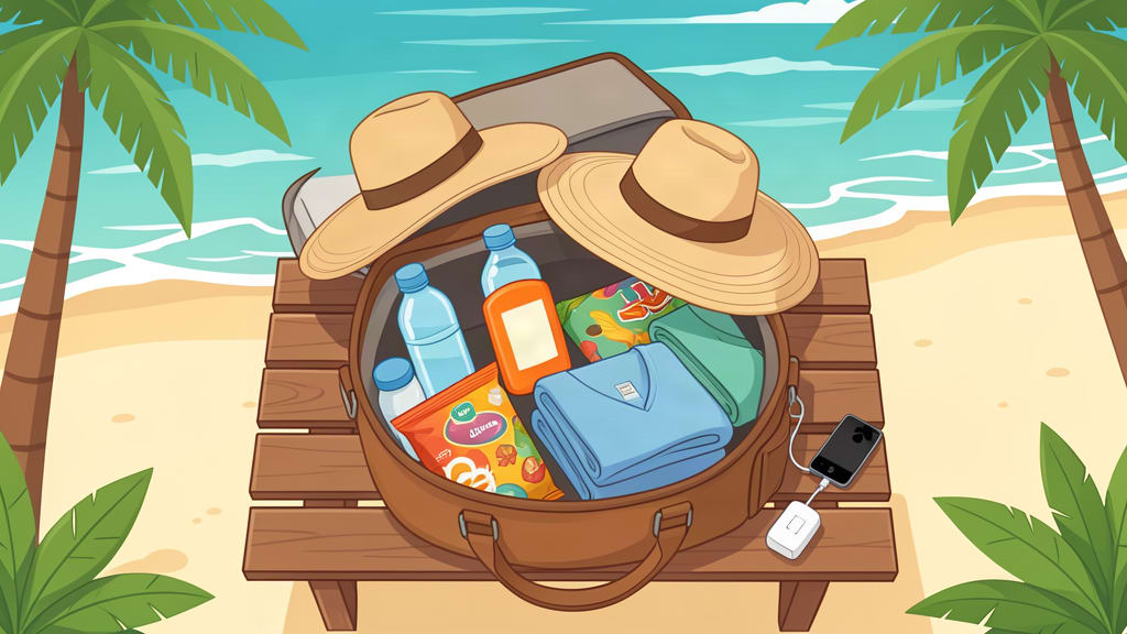 Ilustrasi tas harian berisi topi, botol minum, tabir surya, makanan ringan, handuk, dan pengisi daya di dekat pantai