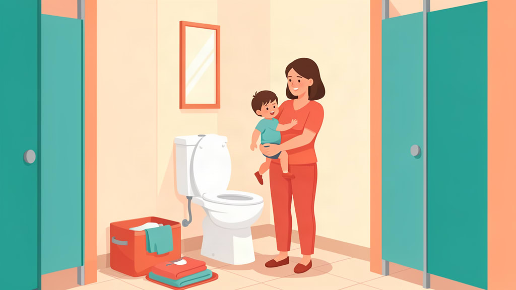 Ilustrasi orang tua membantu balita di toilet umum dengan perlengkapan cadangan di dekatnya