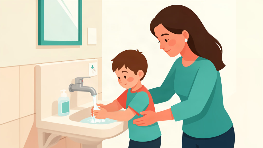 Ilustrasi anak mencuci tangan dengan sabun di wastafel toilet umum sambil didampingi orang tua
