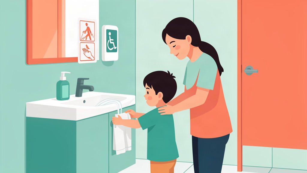 Ilustrasi orang tua mendampingi anak menggunakan toilet umum yang terang dan bersih