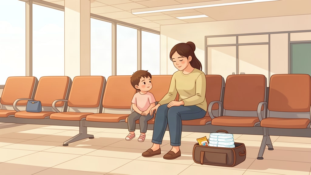Ilustrasi orang tua dan balita menunggu penerbangan di area transit bandara