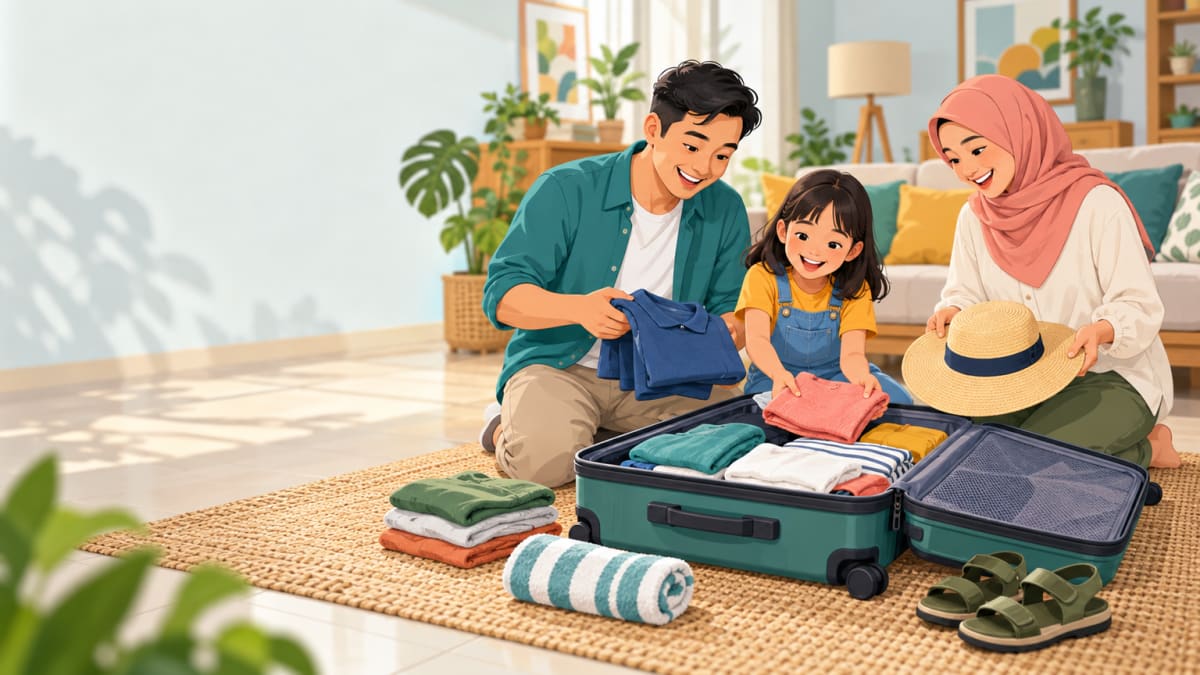 Ilustrasi keluarga Indonesia mengepak perlengkapan liburan ke dalam tas dan koper