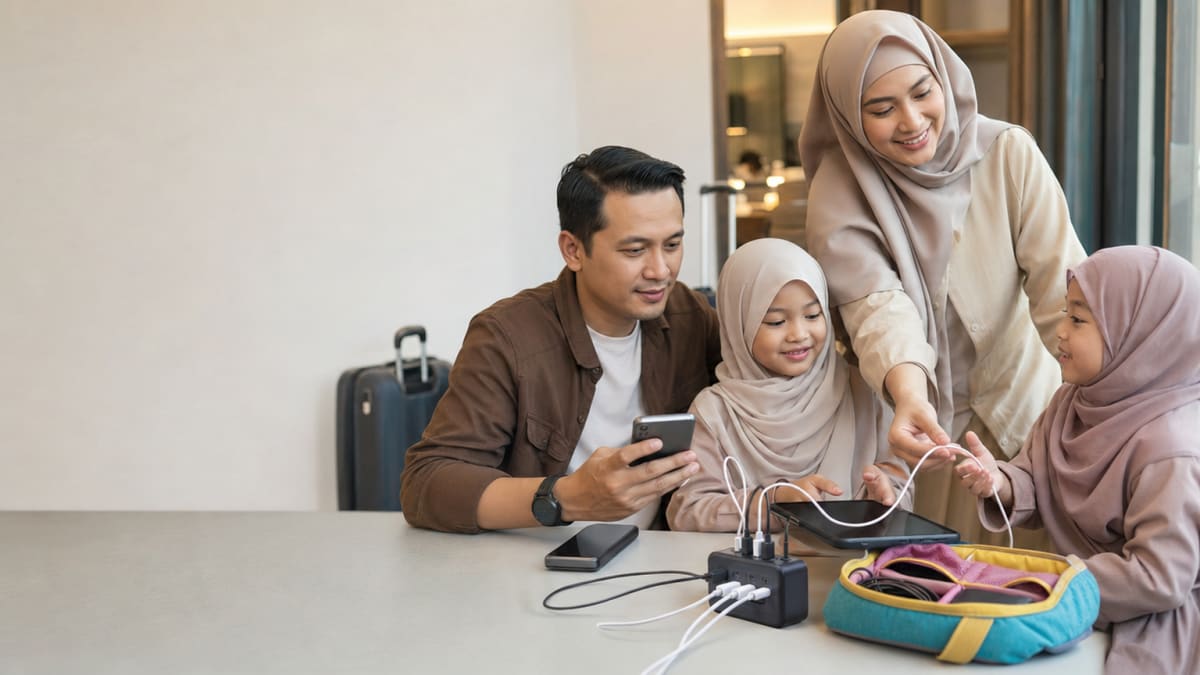 Ilustrasi keluarga Indonesia (ayah, ibu berhijab, dua anak perempuan berhijab) mengisi daya ponsel dan tablet dengan charger multi-port dan power bank di ruang tunggu bandara.
