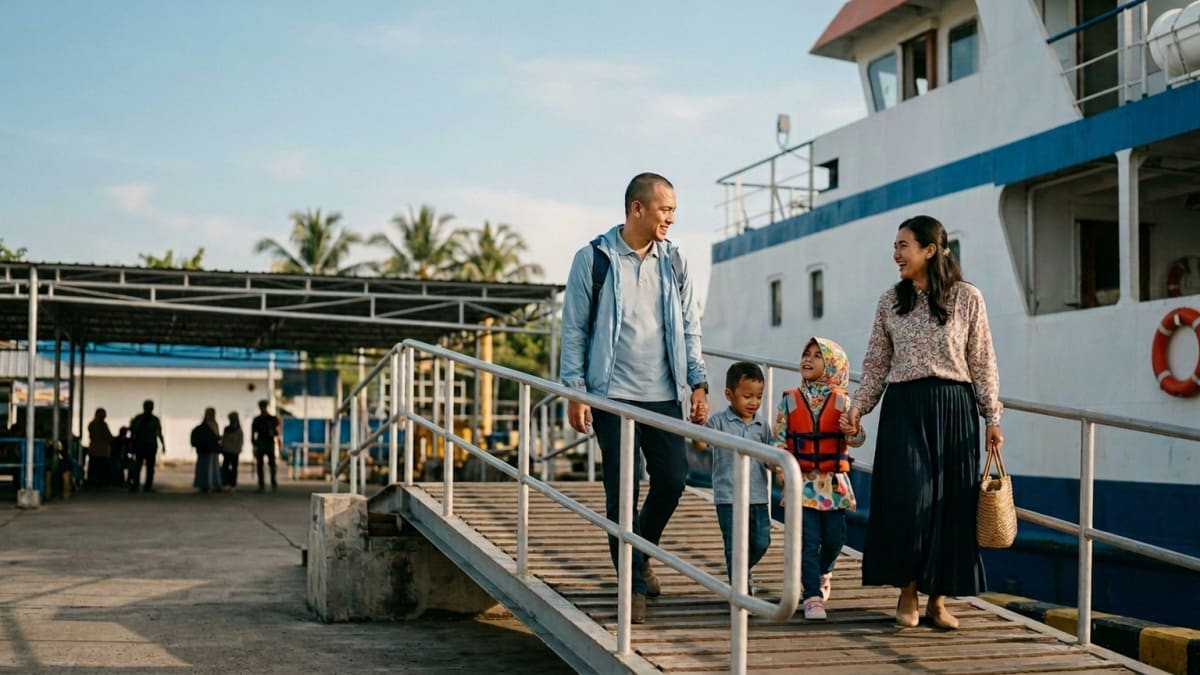 Ilustrasi keluarga Indonesia berjalan di tangga penghubung dermaga dengan kapal feri putih-biru di pelabuhan tropis; ayah menggandeng putranya, ibu menggandeng putrinya yang berhijab dan memakai jaket pelampung.