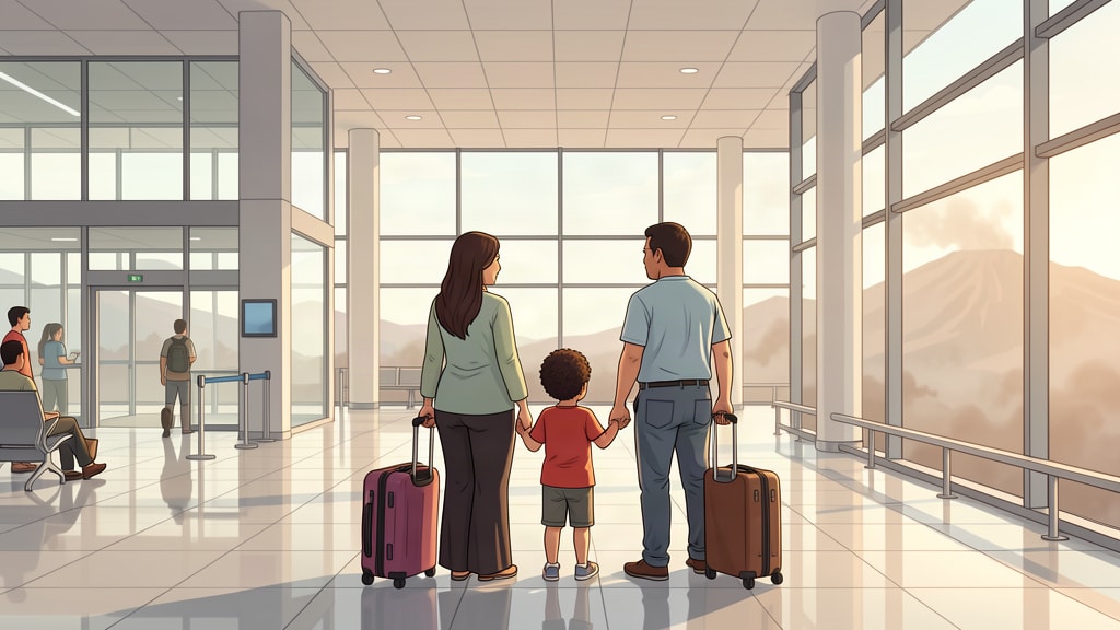 Ilustrasi keluarga dengan koper menunggu informasi jadwal di area keberangkatan bandara