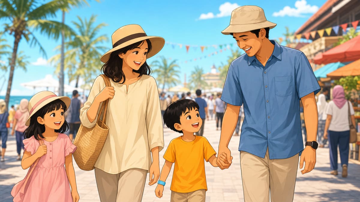 Ilustrasi keluarga Indonesia berjalan di kawasan wisata yang ramai; ayah menggandeng anak berpakaian cerah yang memakai gelang identitas polos