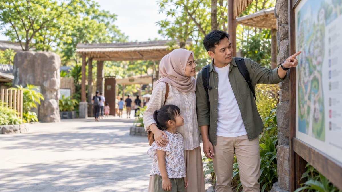 Ilustrasi fotografi konseptual keluarga Indonesia mengevaluasi kriteria keamanan dan kenyamanan wahana wisata sebelum masuk.