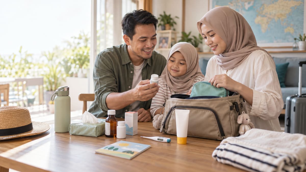 Ayah, ibu, dan putri berhijab menyiapkan perlengkapan kesehatan anak untuk perjalanan keluarga.