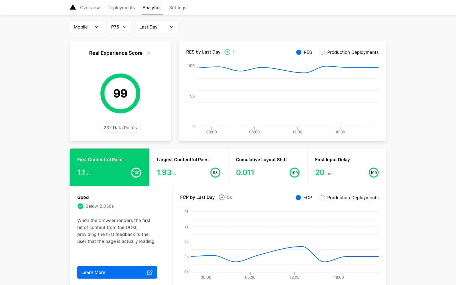 Le tableau de bord des métriques de performance utilisateur de Vercel affiche un score d’expérience réelle, ici pour les 3/4 des utilisateurs de téléphone mobile sur un site généré avec Next.js.