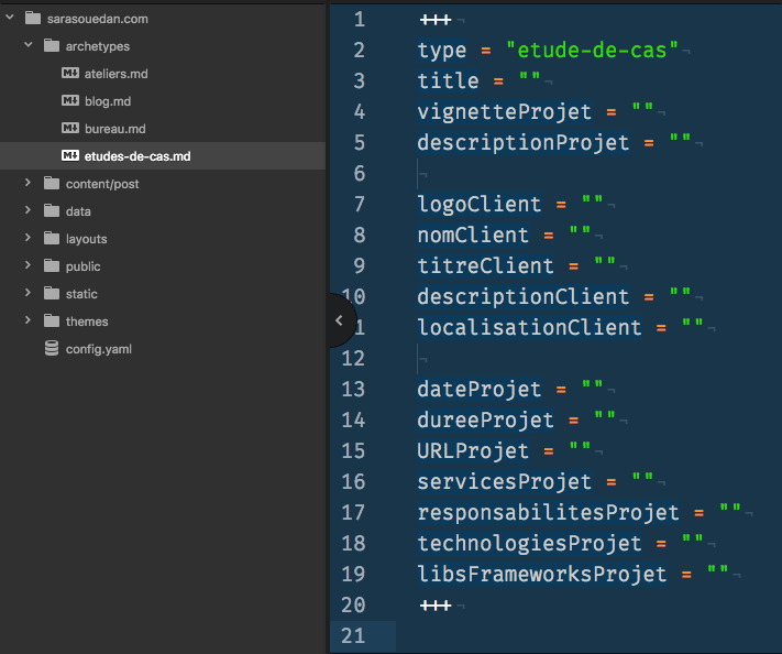 Les variables définies pour l’archétype des études de cas. À chaque fois que je demande à Hugo de créer une nouvelle étude de cas pour moi, il va automatiquement ajouter ces variables front matter. Ces variables sont ensuite utilisées par le modèle HTML de la page d’études de cas.