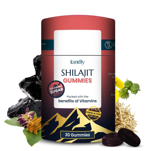 kindly health Kindly Pure Himalayan Shilajit Gummies with Vitamins (C, D, B9, B12) - For Strength, Stamina and Vitality | No Added Sugar | Berry Flavoured - 30 Gummies