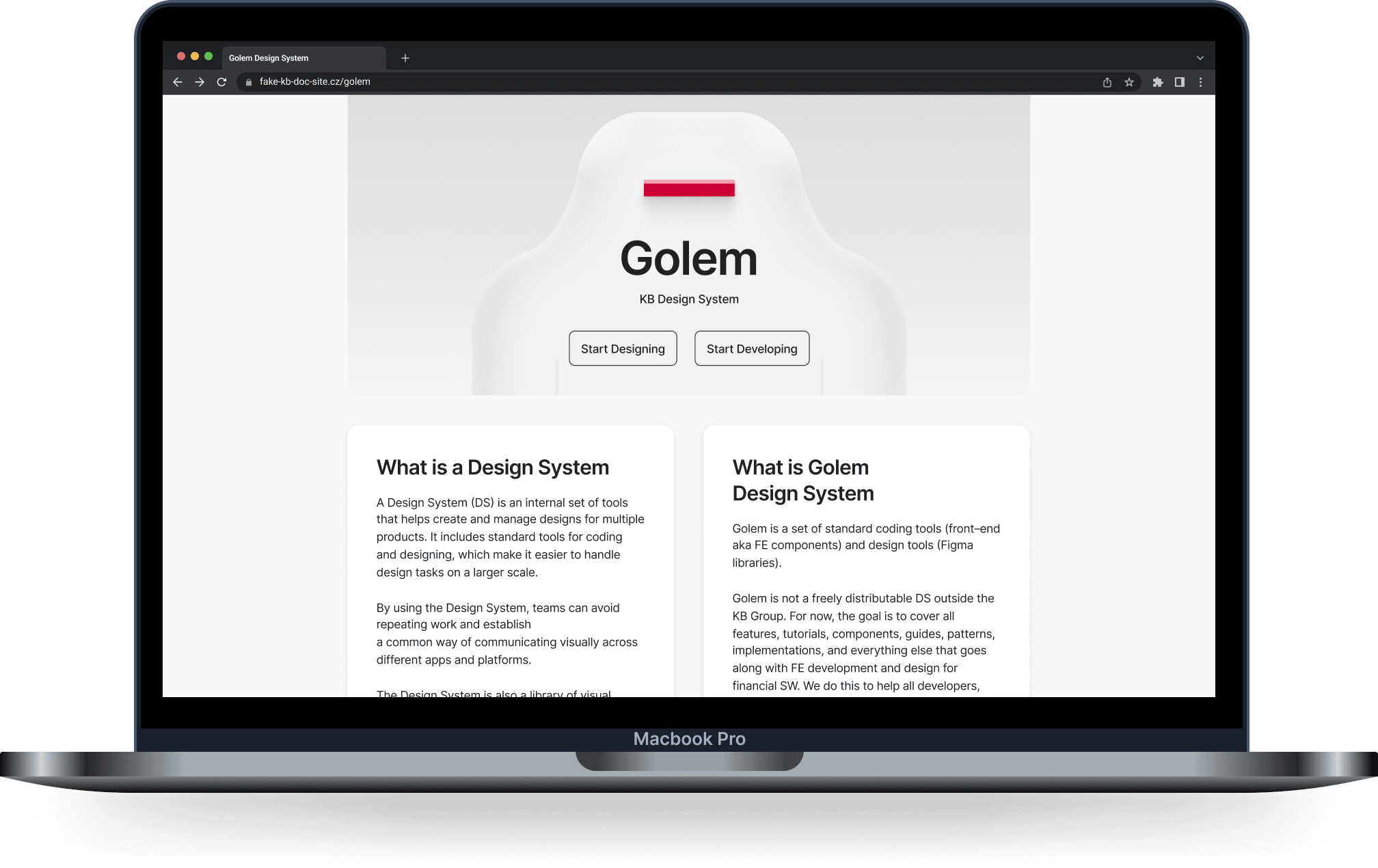Mockup of laptop screen showing intro to Golem Design System, text is illegible