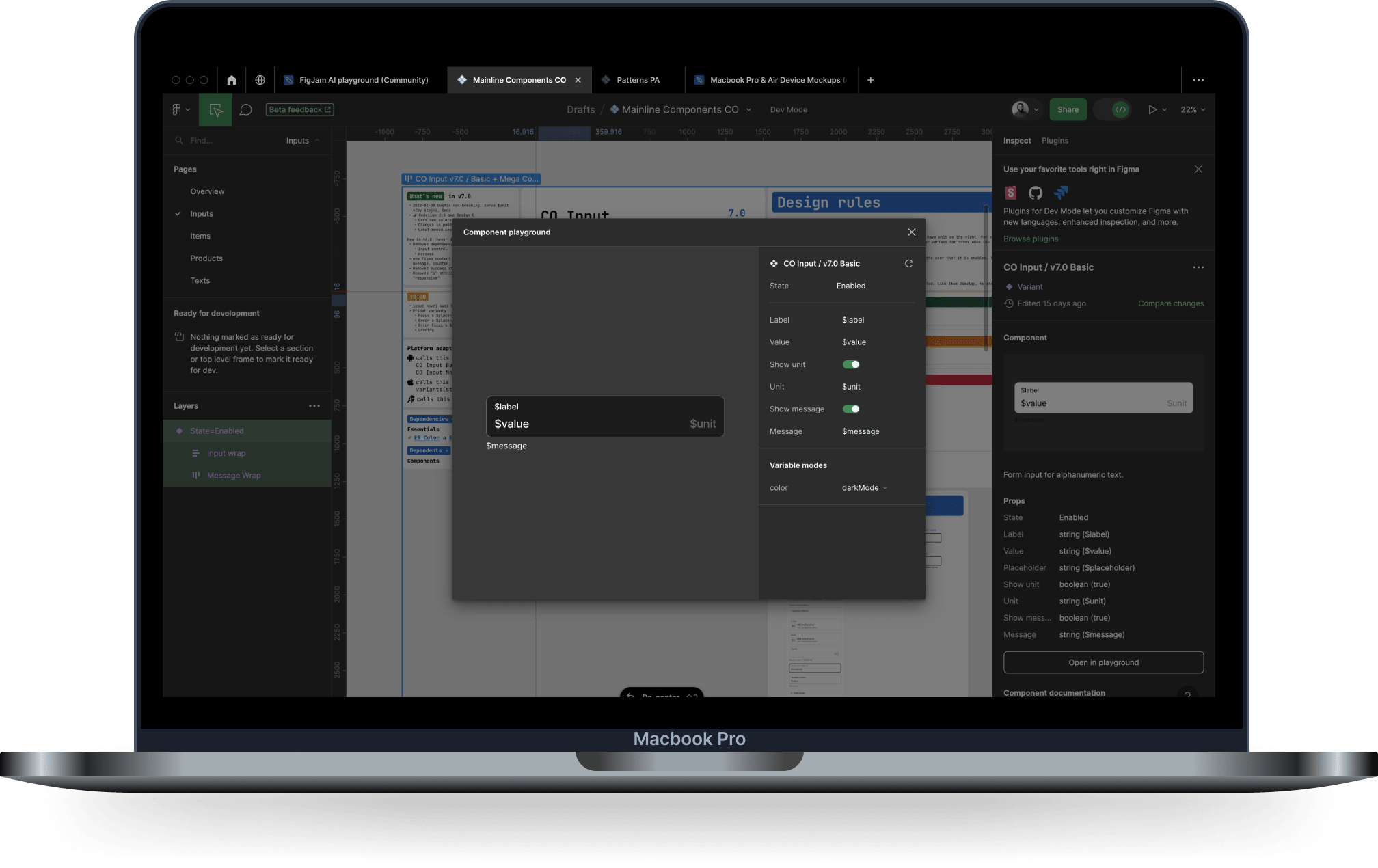 Mockup of laptop showin Figma dev mode UI with one example component