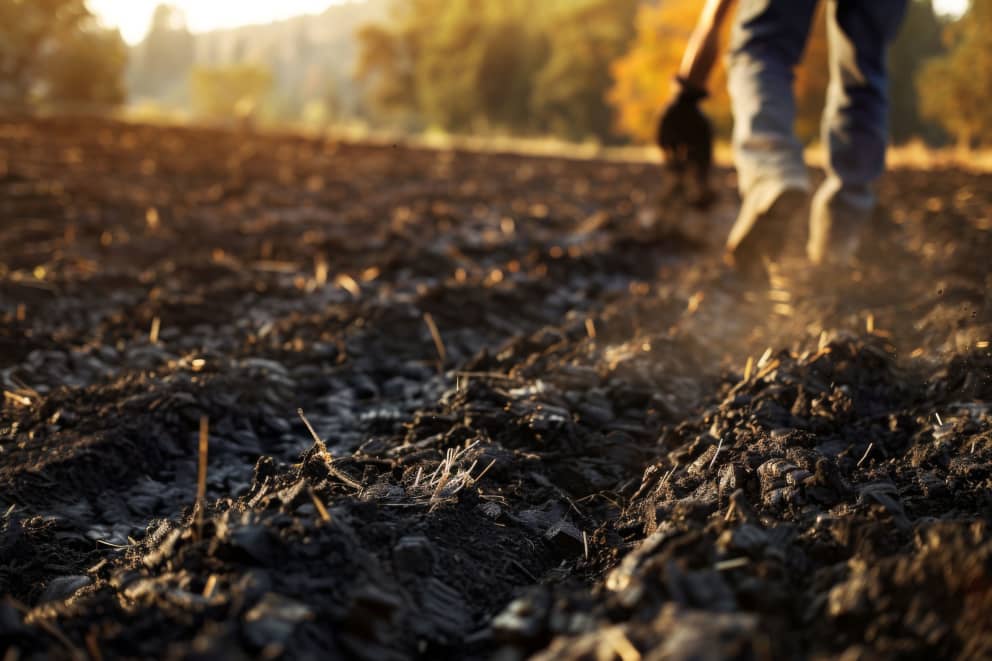 Expert spreads biochar on crops.