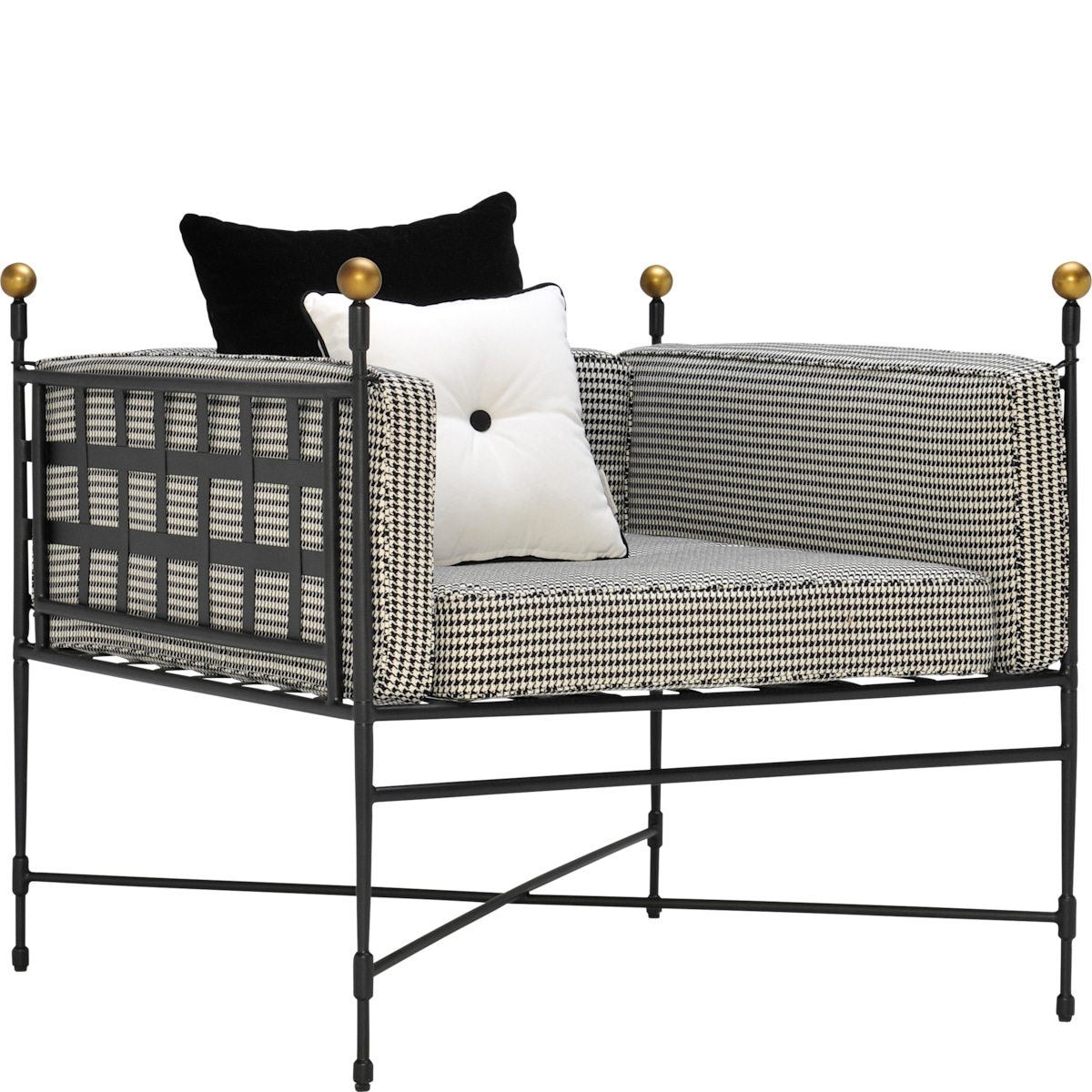 Amalfi Tuxedo Lounge Chair in Slate houndstooth weave, gold finial posts - 3/4 View | JANUS et Cie