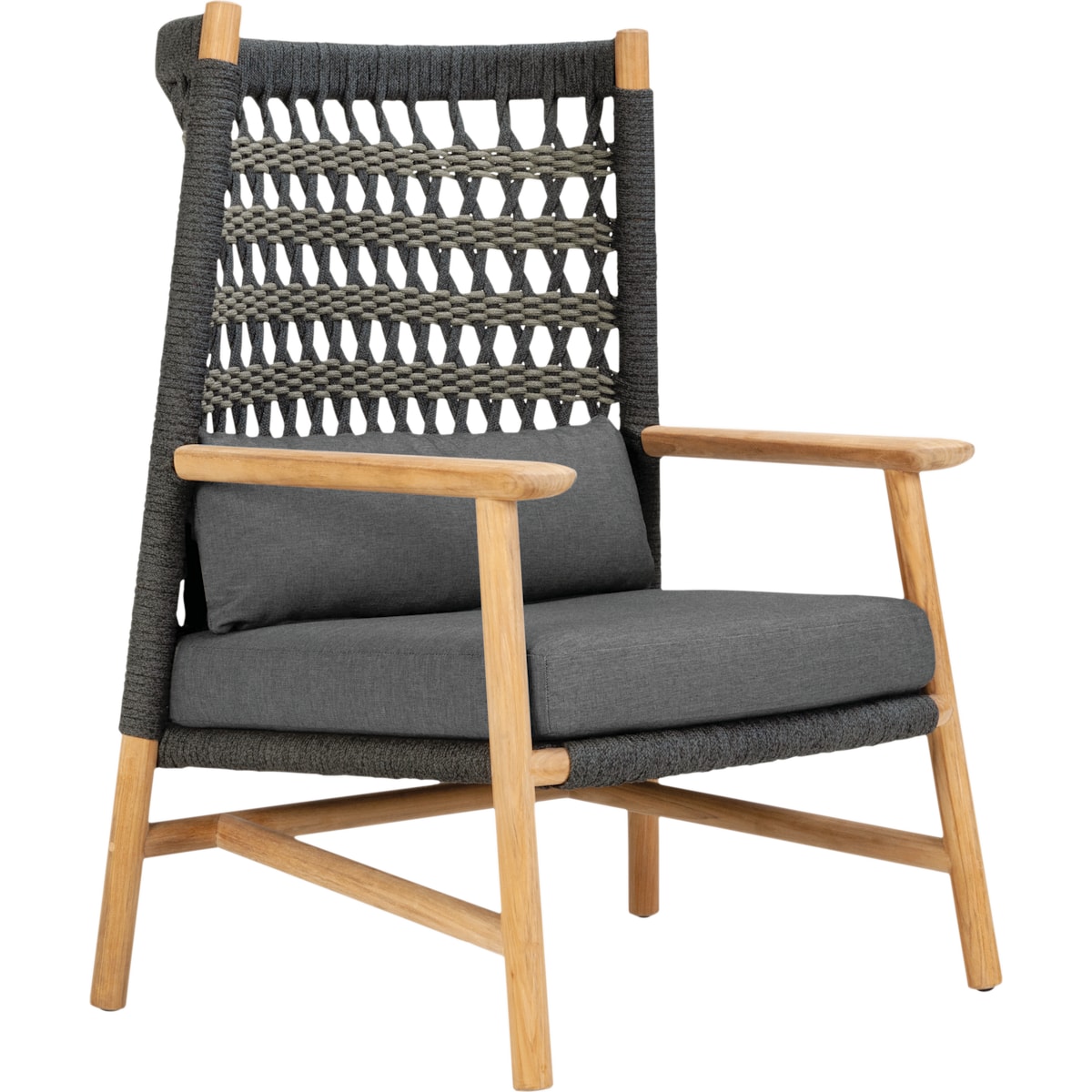 Anatra Teak High Back Lounge Chair Oxford/Nickel Open-Weave - Front Angle | JANUS et Cie