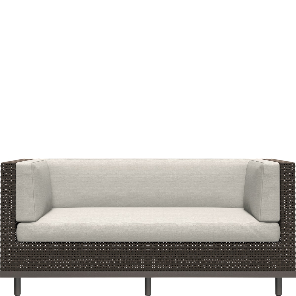 Boxwood 2 Seat Sofa in Mica, variegated dark brown woven frame with cream cushions - 3/4 View | JANUS et Cie