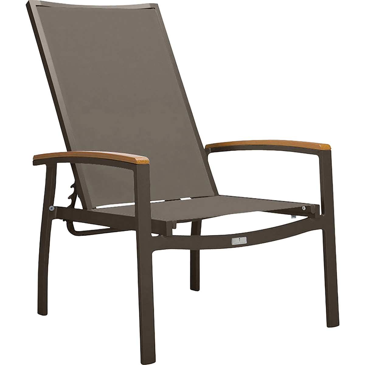 Koko II Stackable Mesh Reclining Lounge Chair in Bronze/Taupe with Teak Arms - Front Angle | JANUS et Cie