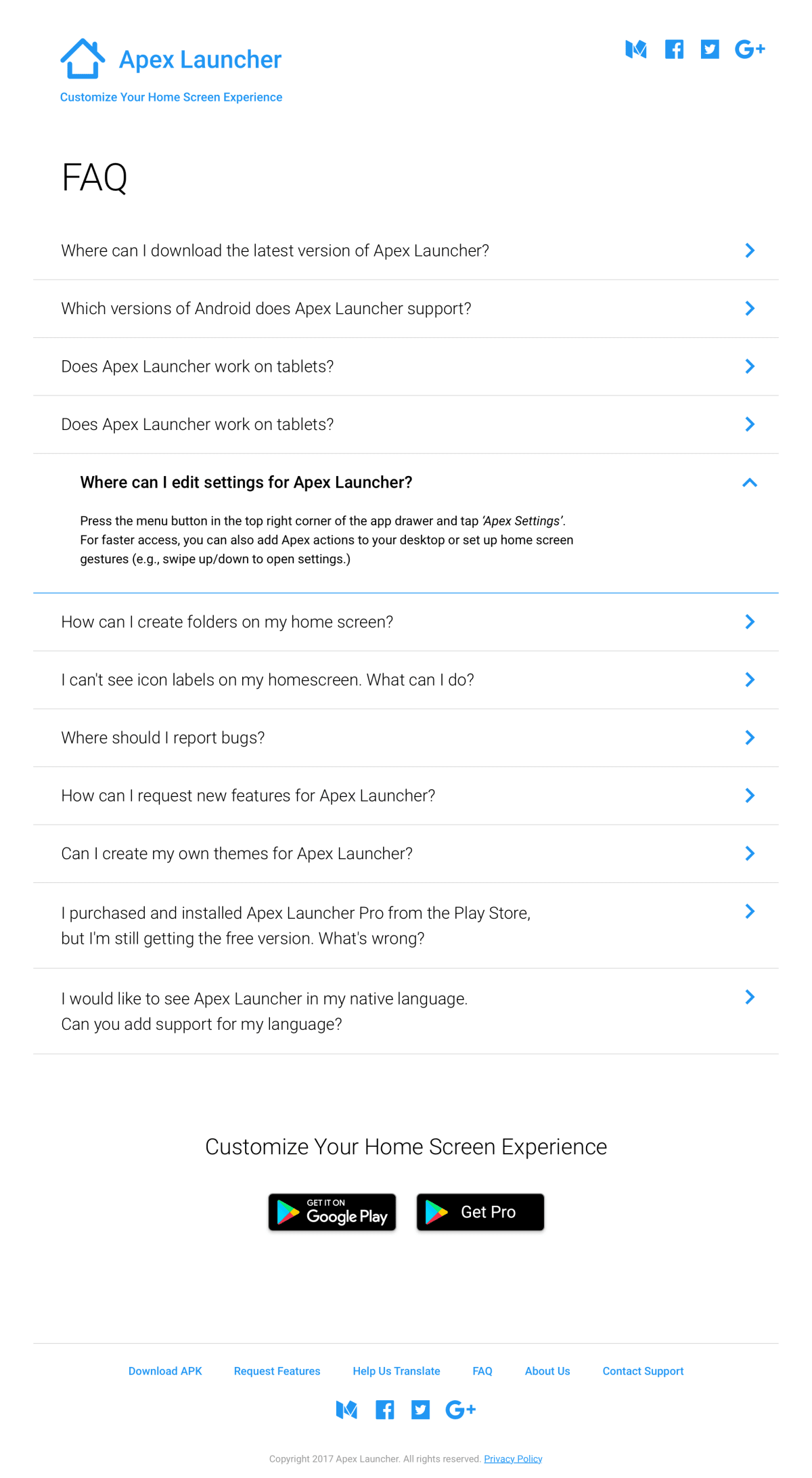 Apex Launcher frequently asked questions web page