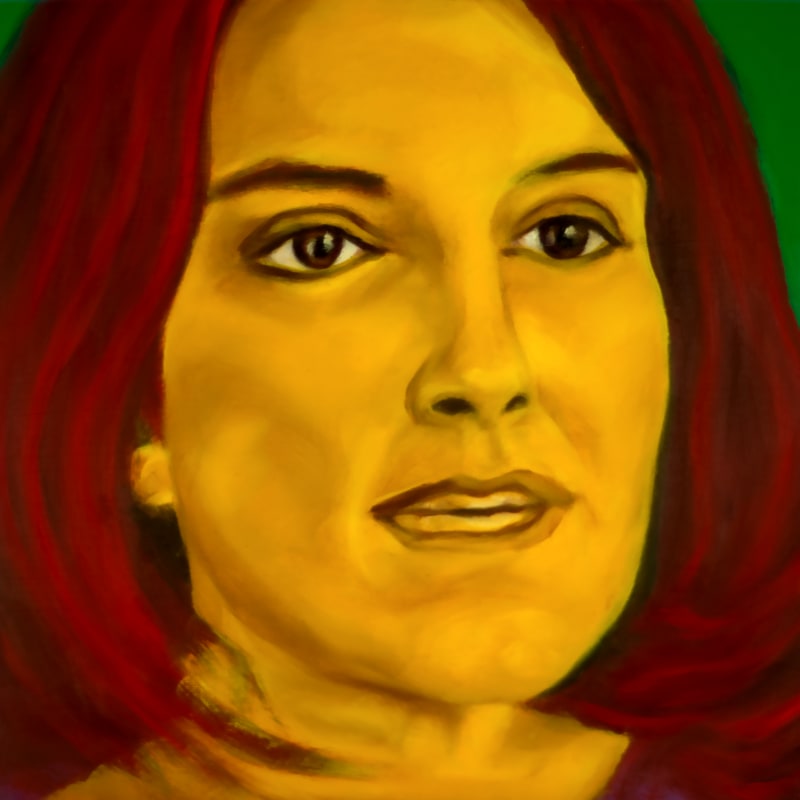 An oil portrait of Tina Fey