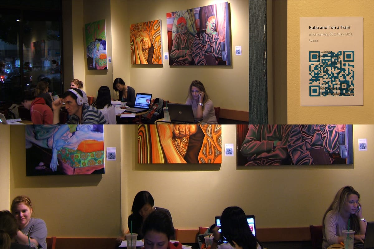 An exhibition of the paintings at a Starbucks location.