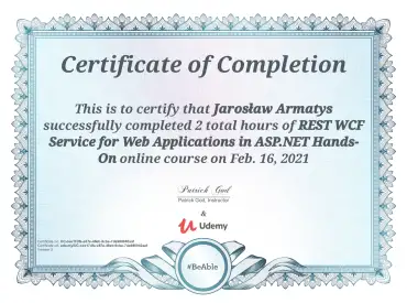 Ceryfikat ukończenia REST WCF Service for Web Applications in ASP.NET Hands-on