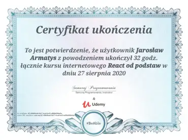 Ceryfikat ukończenia React od podstaw