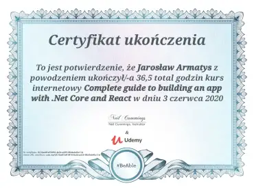 Ceryfikat ukończenia Aplikacja w .NET Core + React