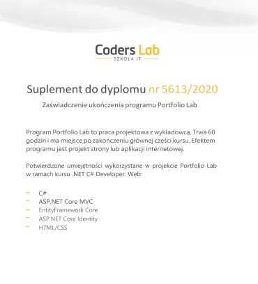 Ceryfikat ukończenia Portfolio Lab