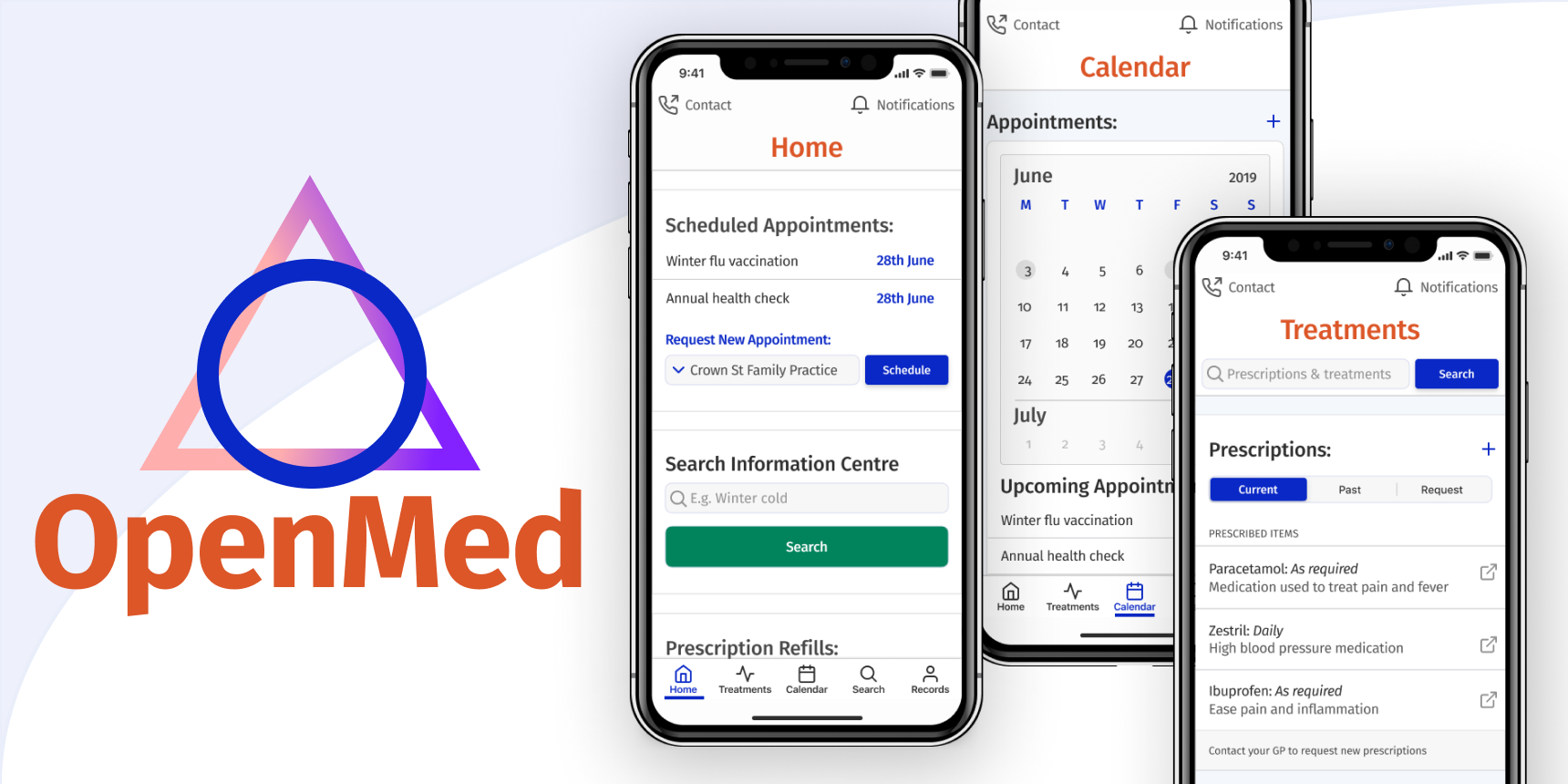 OpenMed iOS App Concept Home, Calendar and Treatment Screen