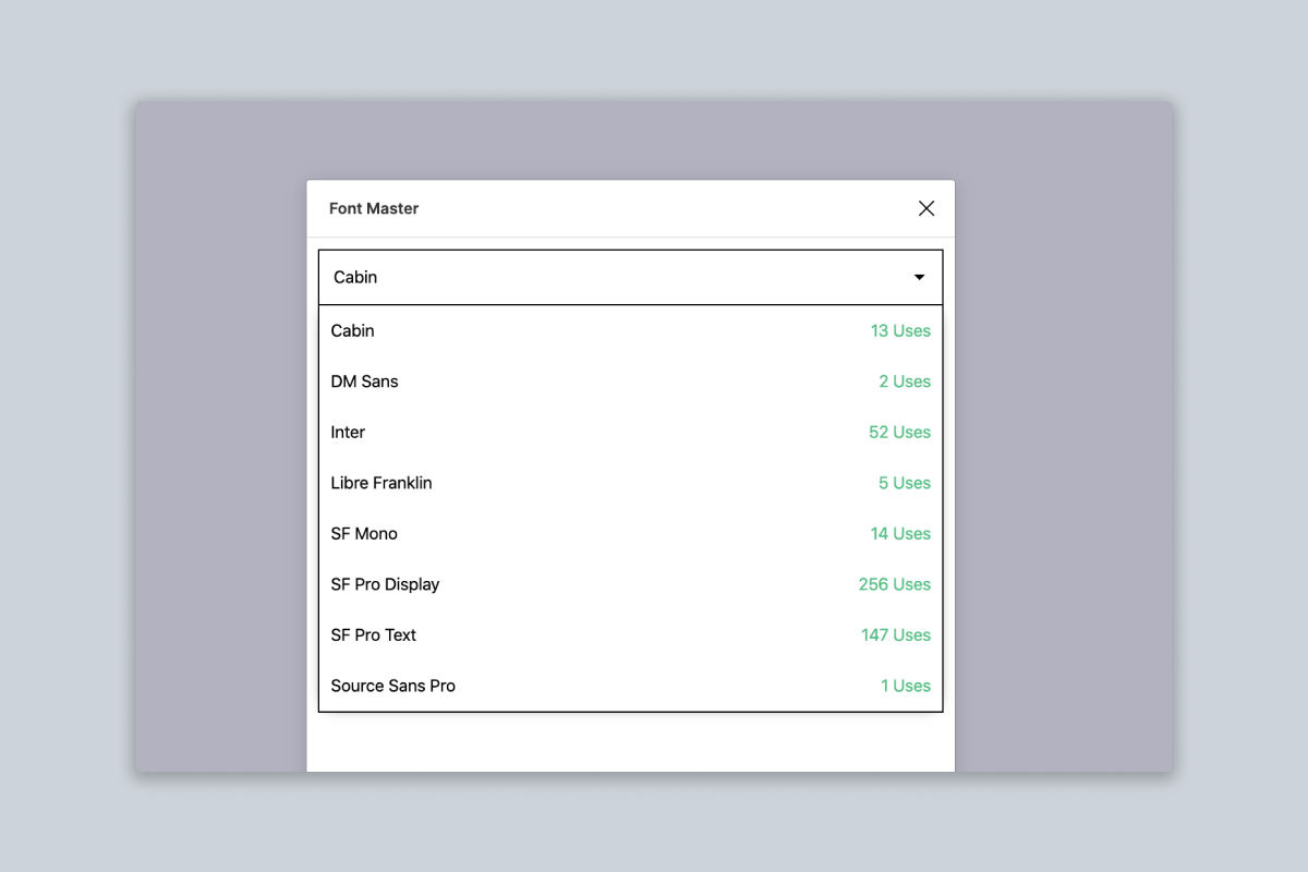 Font Master showing how many fonts I've used in my portfolio exploration Figma document. Whelp, I should clean that up.