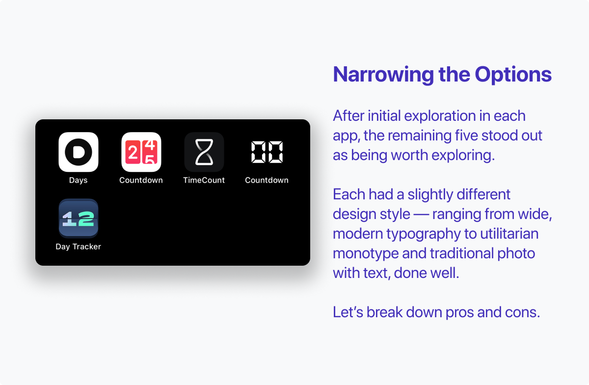 Time to narrow our options. After initial exploration in each app, the remaining five stood out as being worth exploring. Each had a slightly different design style — ranging from wide, modern typography to utilitarian monotype and traditional photo with text, done well. Let’s break down pros and cons.