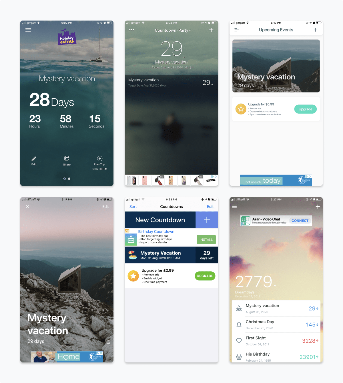 A 6 image grid of some of the apps that got removed from options early-on. Images show poor layout, difficult to read typography, overwhelming ads and generally poor user experiences.