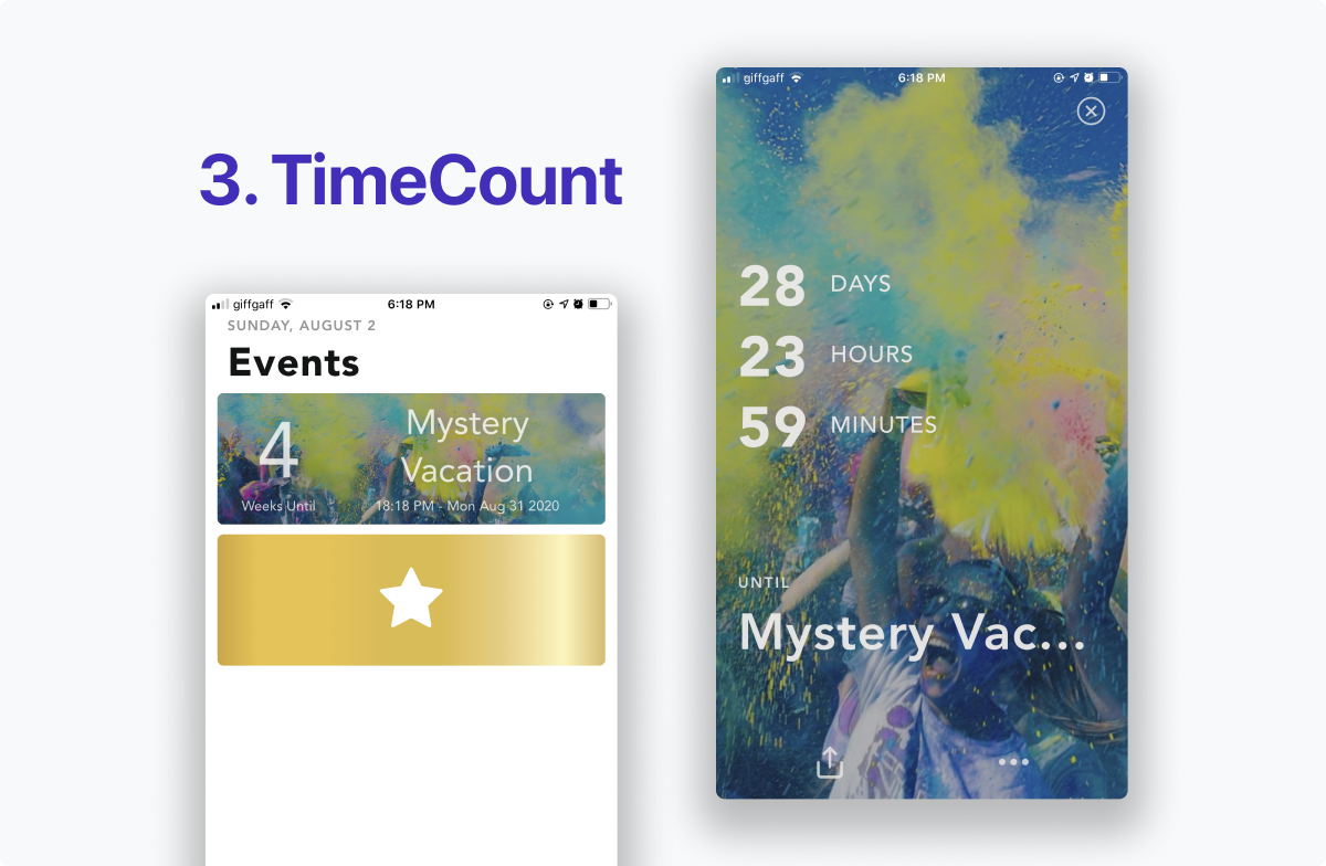 The TimeCount app screenshots show large images for each upcoming event, offering
the best list visual experience for future events. A large golden star asks for upgrades, which can be distracting.
