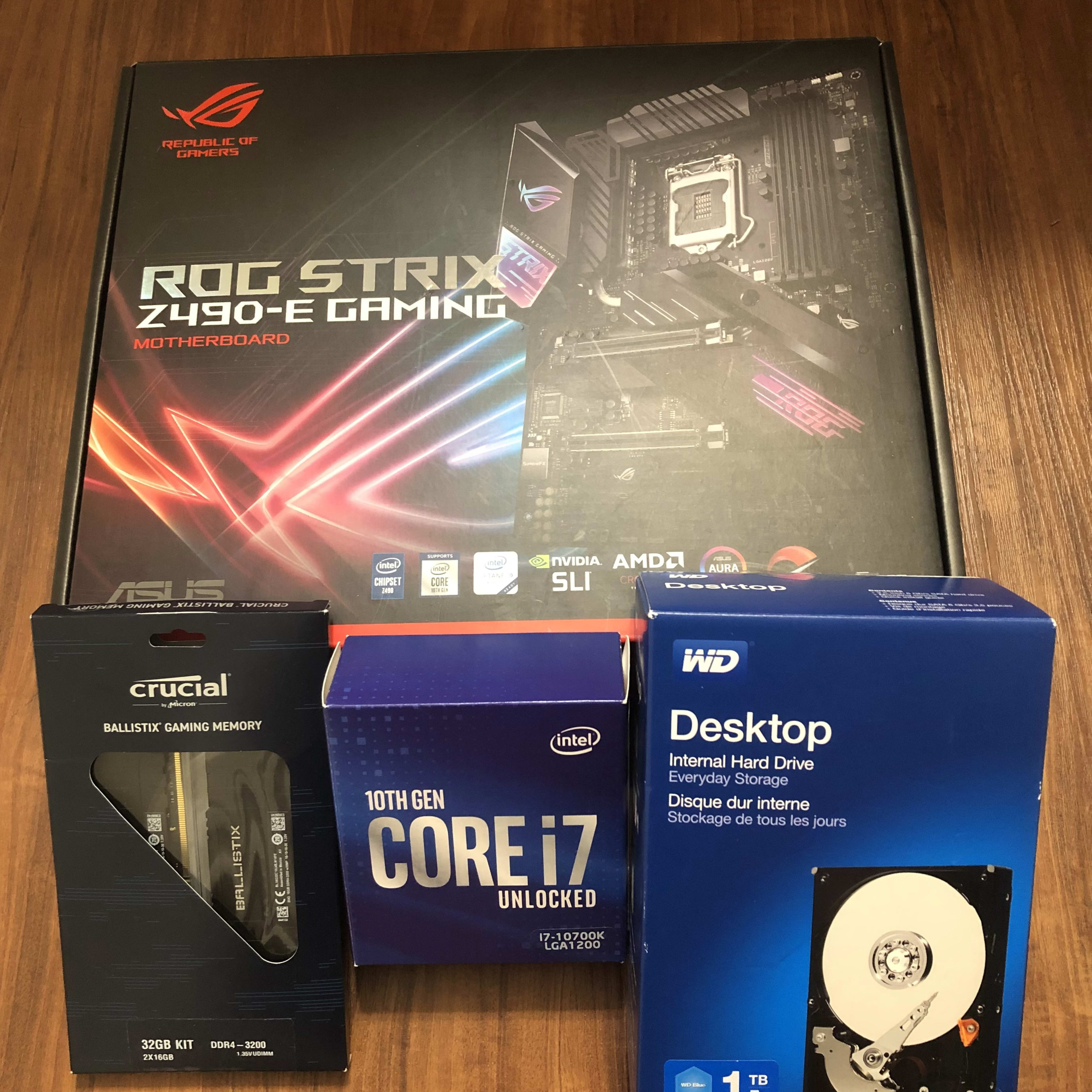 Combo: I7-10700k + Asus Z490E + 32GB RAM (3200mhz) + 1TB HHD Combo: I7-10700k + Asus Z490E + 32GB RAM (3200mhz) + 1TB HHD