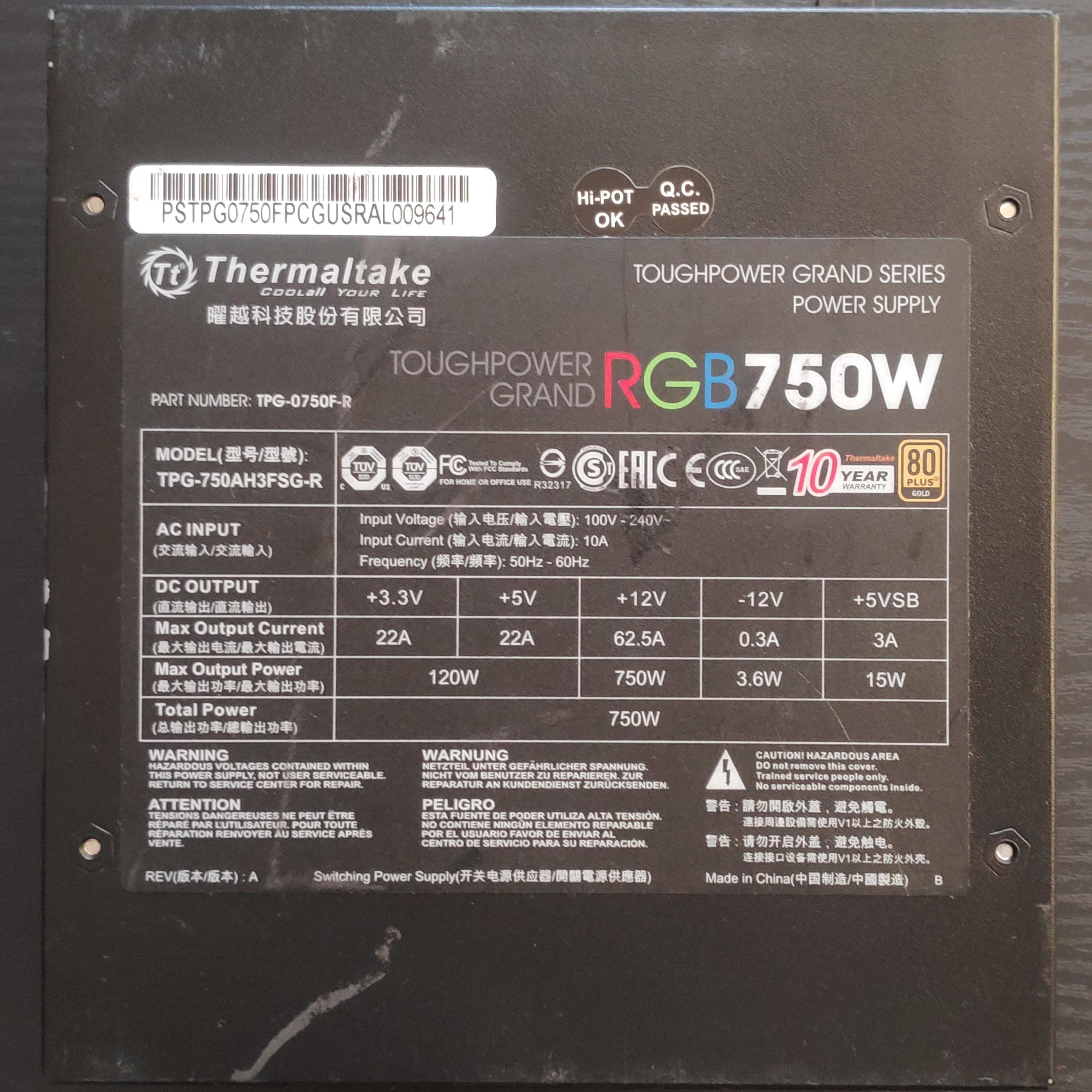 Thermaltake Toughpower Grand RGB 750W, Fully Modular 80 Plus Gold Power Supply