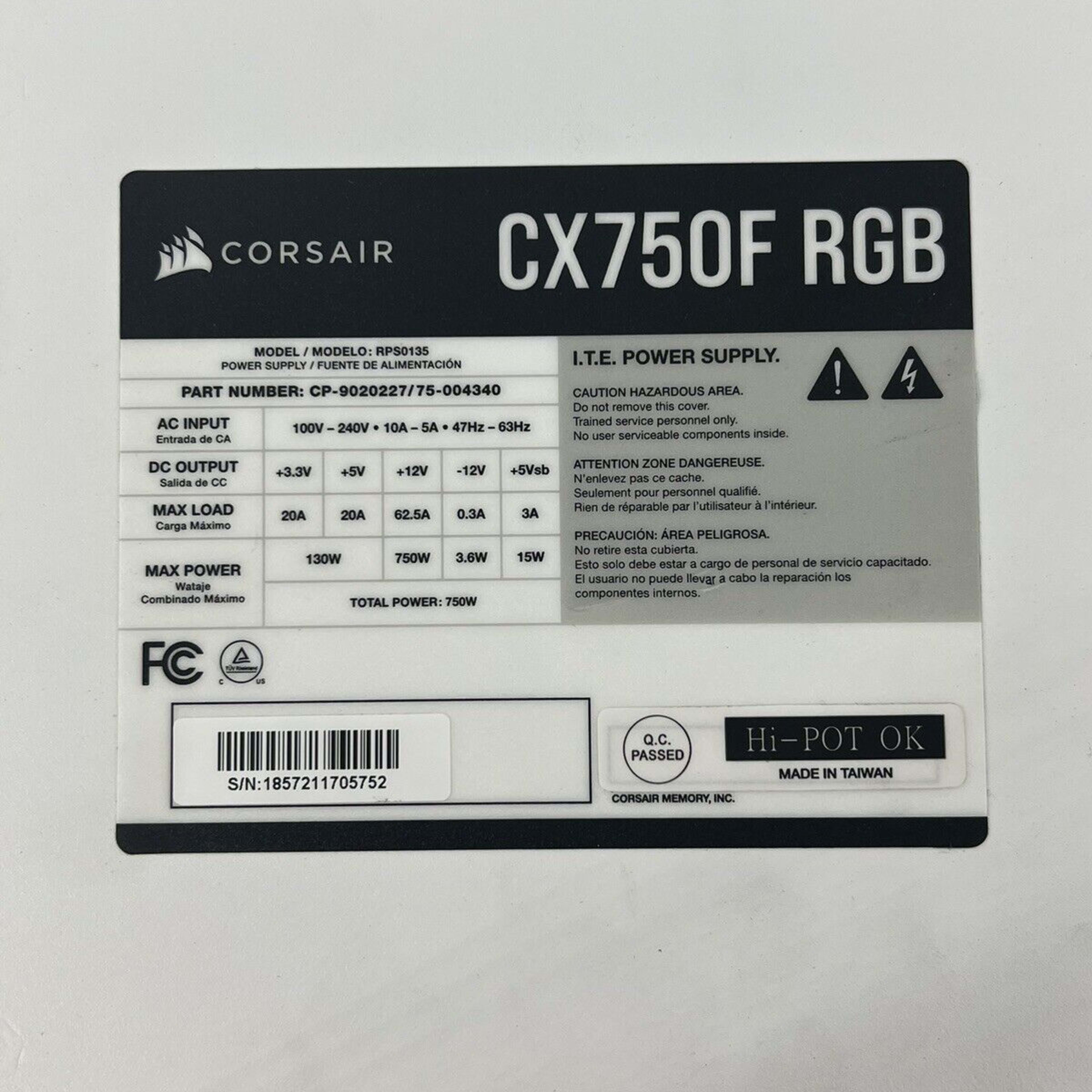 Corsair White CX750F RGB 750 Watt 80 PLUS Bronze Power Supply