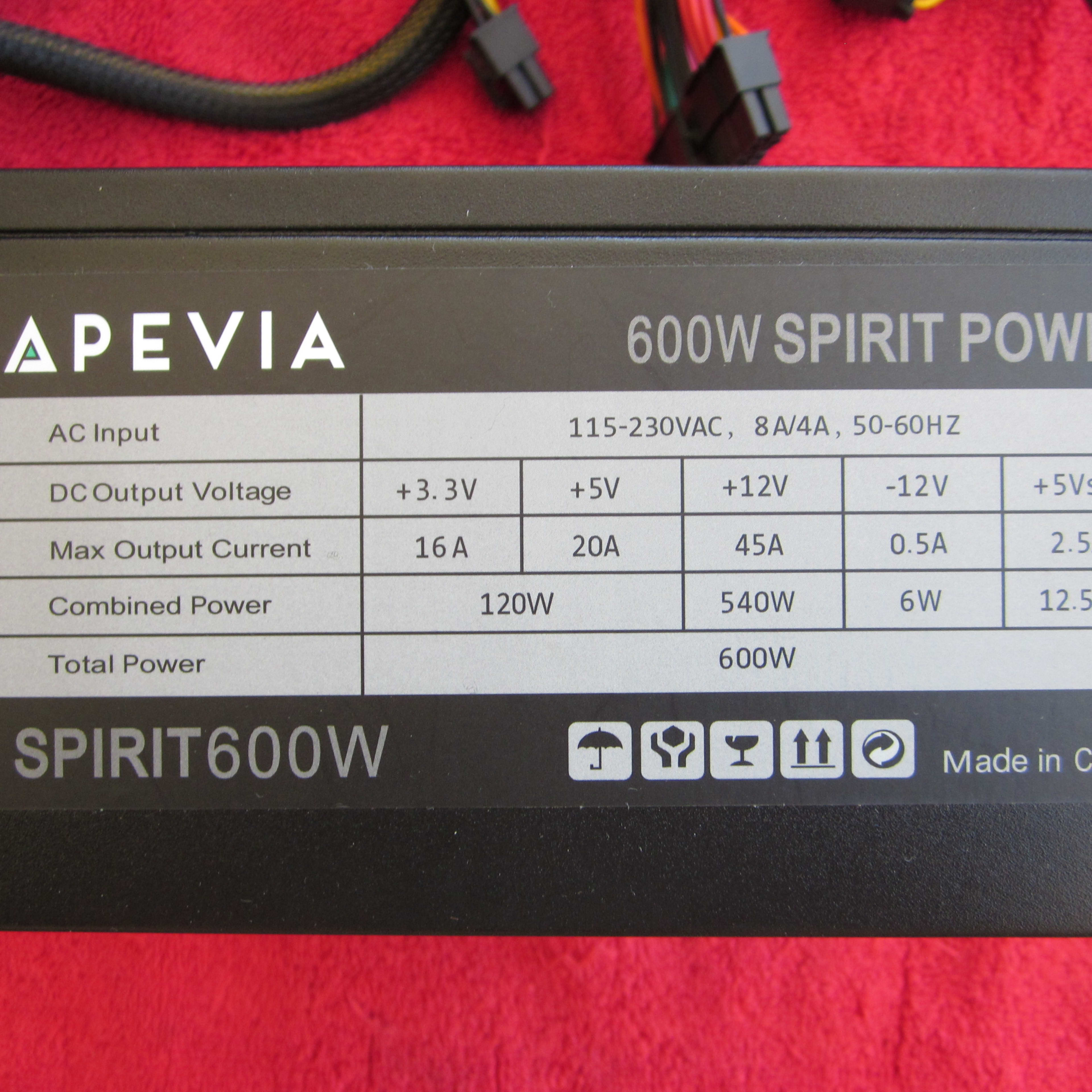 APEVIA SPIRIT 600W ATX Power Supply with Auto-Thermally Controlled 120mm Fan, All Protections