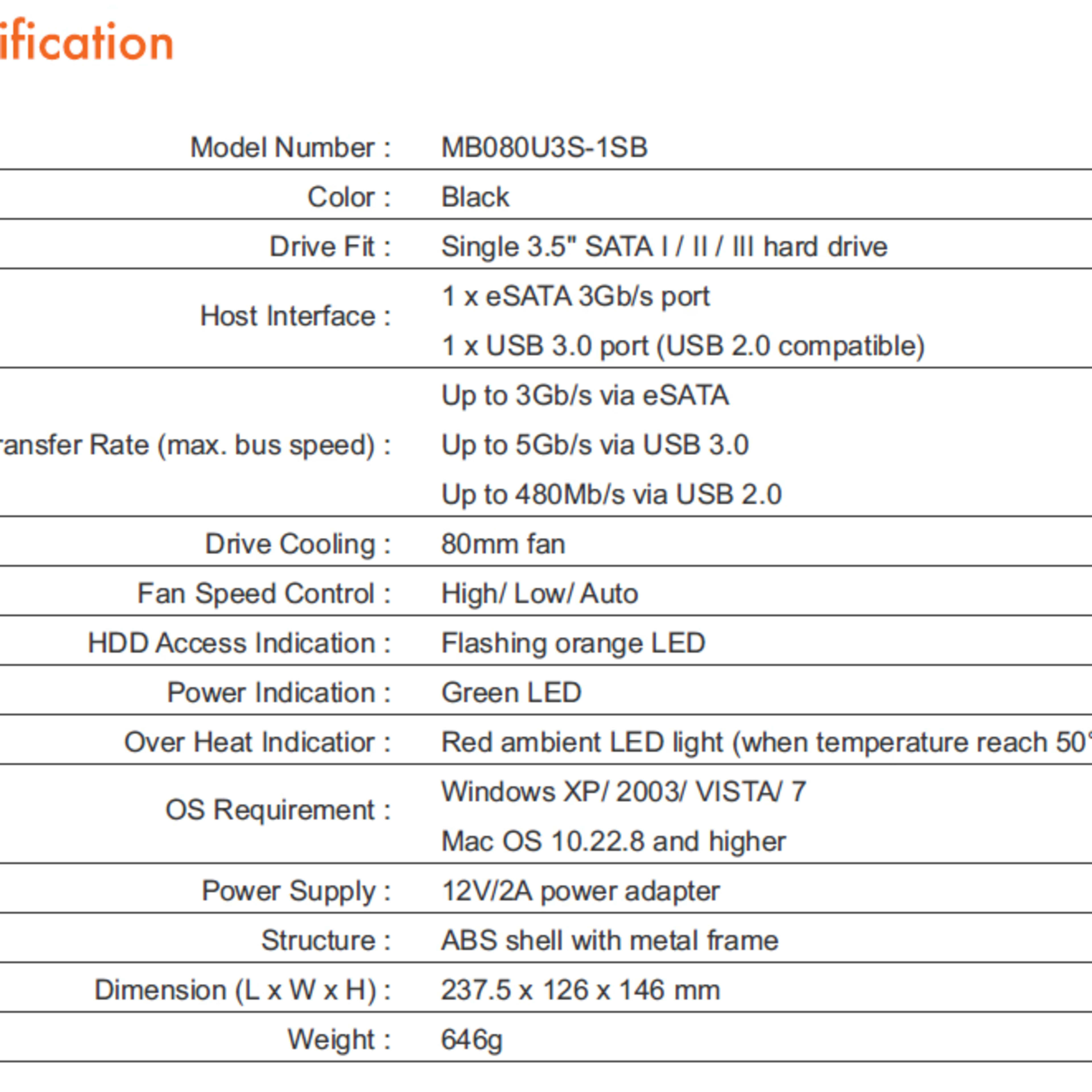 ICY DOCK Blizzard USB 3.0 & eSATA External 3.5” Sata Hard Drive Enclosure (MB080U3S-1SB)