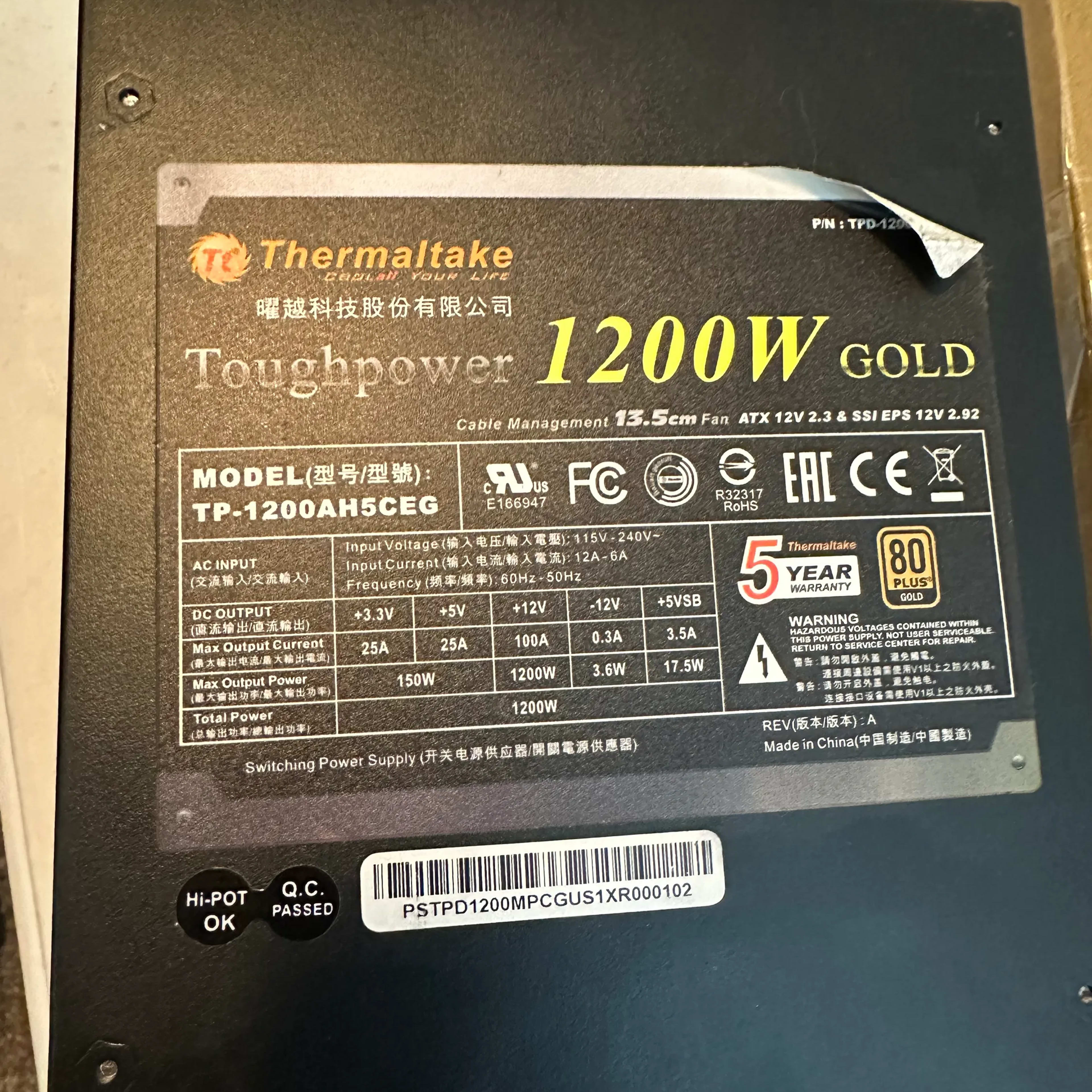 Used Thermaltake Toughpower 1500W 80 Plus Gold Semi Modular PSU ATX 12V or EPS 12V