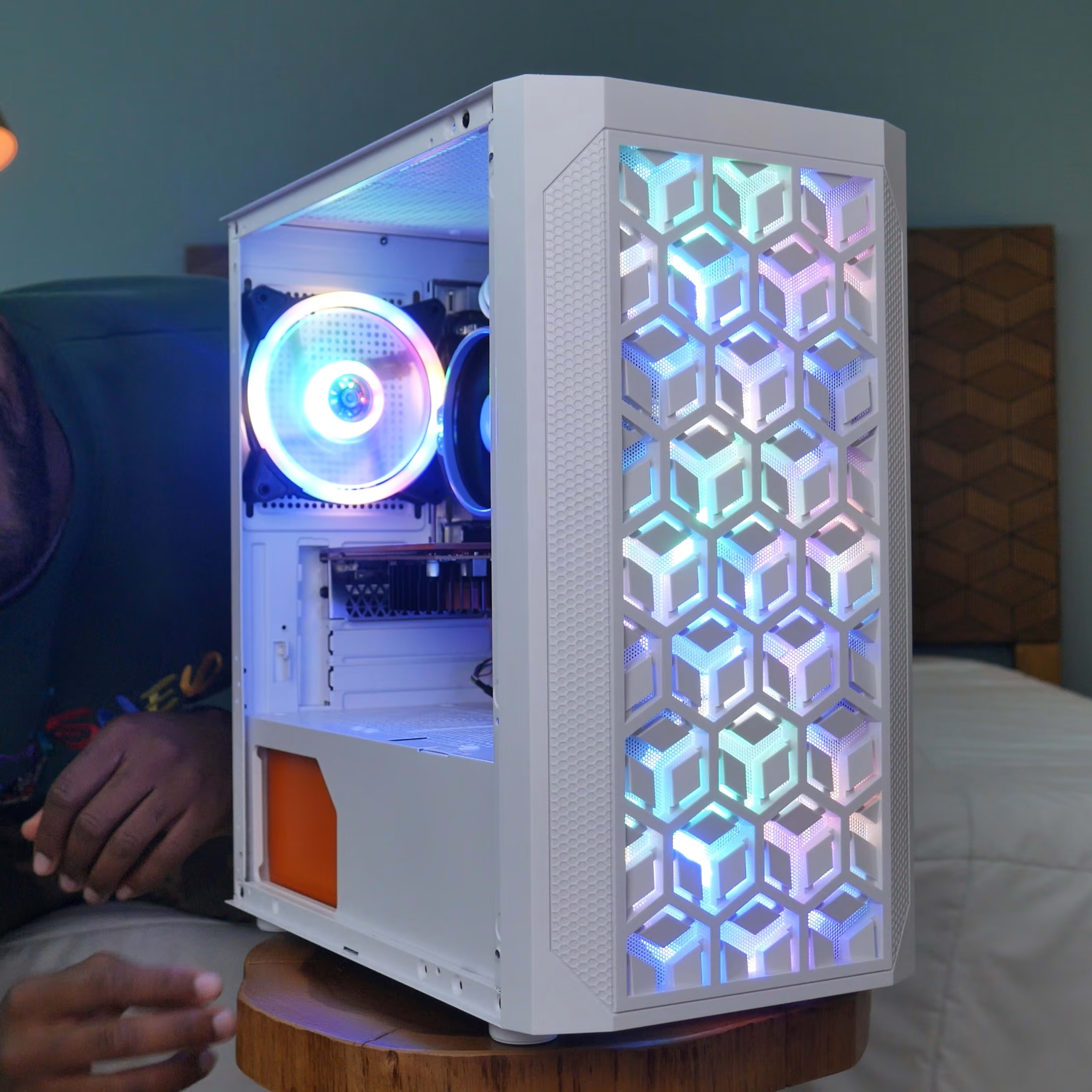 ESGAMING White Micro ATX Mini ITX Tower Micro ATX Case, Tempered Glass Side Panel, Rainbow LED Fans