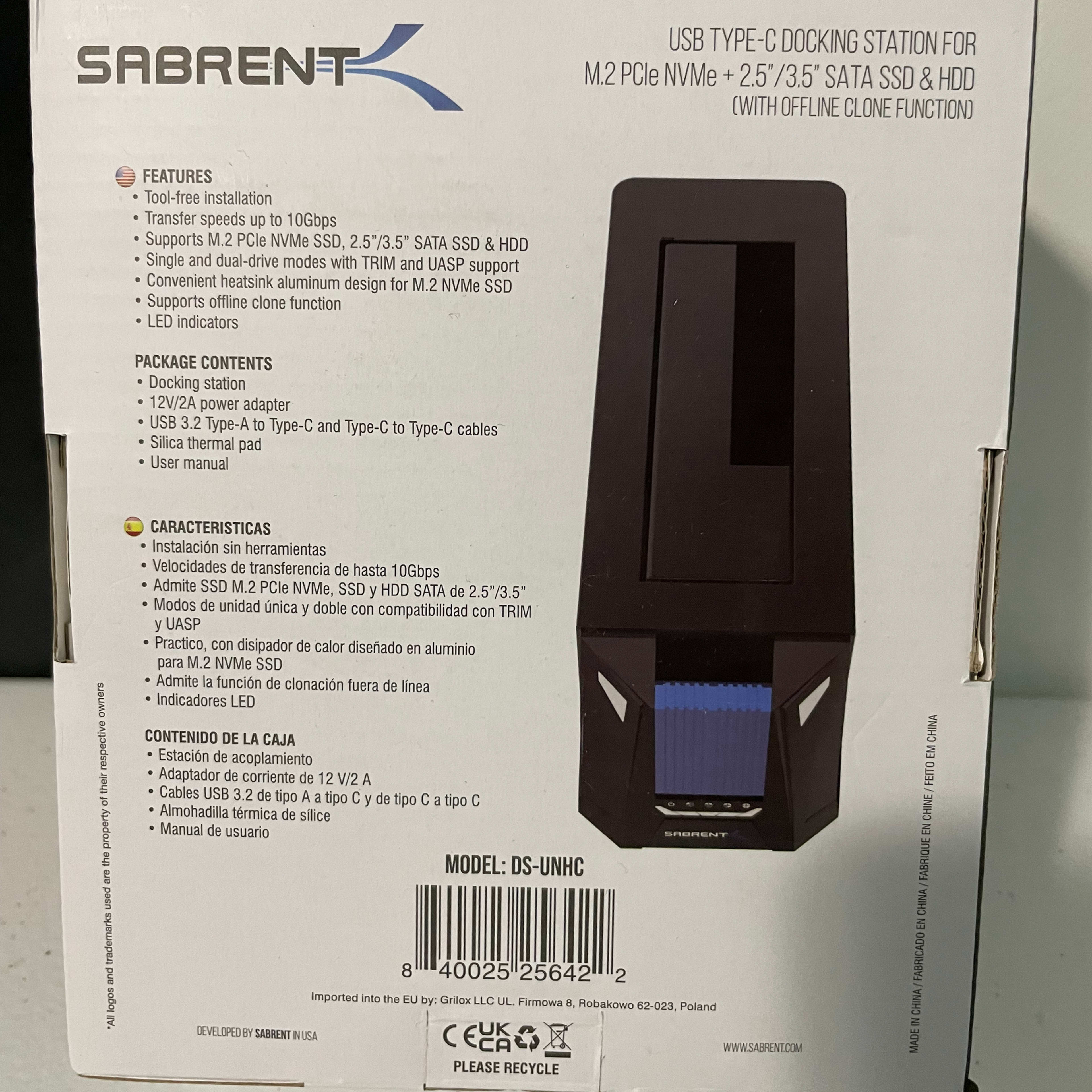 SABRENT(DS-UNHC) Docking Station: M.2 PCIe/NVMe & SATA 2.5/3.5-Inch SSD/HDD