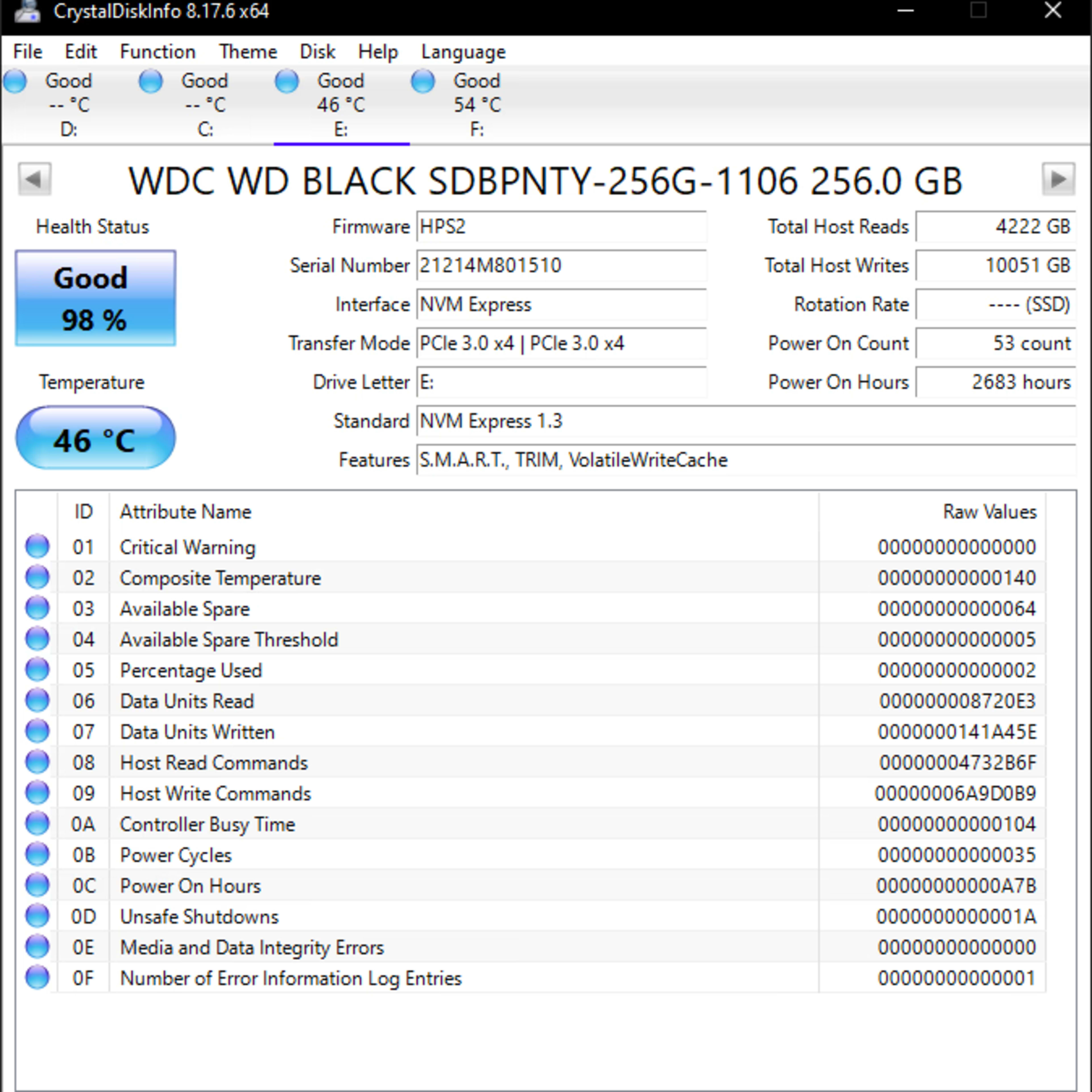 WD SN730 256GB NVME PCIe 3.0 x4 M.2 SSD